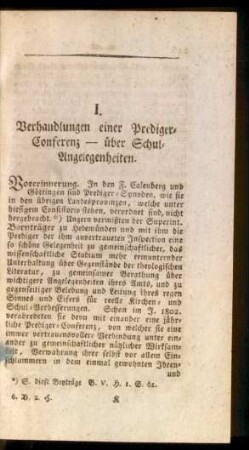 I. Verhandlungen einer Prediger-Conferenz - über Schul-Angelegenheiten.