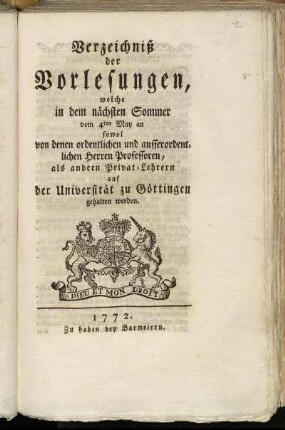 SS 1772: Verzeichnis der Vorlesungen // Georg-August-Universität Göttingen