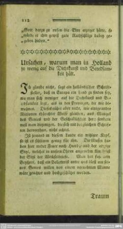 Ursachen, warum man in Holland so wenig auf die Dichtkunst und Beredsamkeit hält