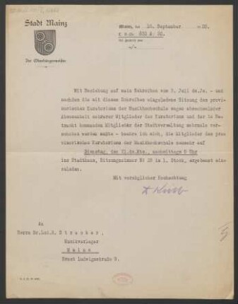 Brief an Ludwig Strecker : 16.09.1920