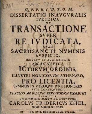 Dissertatio Inavgvralis Ivridica, De Transactione Svper Re Ivdicata