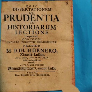 Diss. de prudentia ex historiarum lectione comparanda