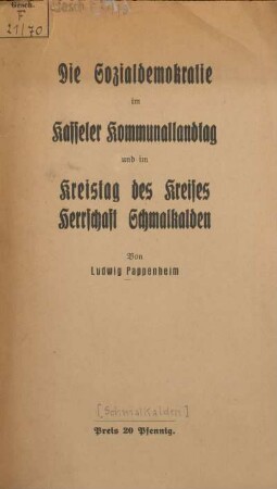 Die Sozialdemokratie im Kasseler Kommunallandtag und im Kreistag des Kreises Herrschaft Schmalkalden