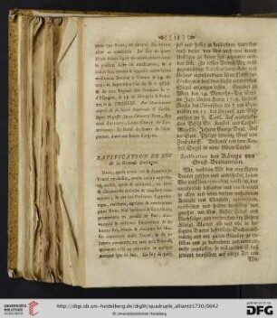 Ratification du Roi de la Grande Bretagne