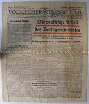 Nationalsozialistische Tageszeitung "Völkischer Beobachter" zur Aufnahme der Arbeit des Volksgerichtshofes