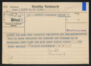 Brief von Gerhart Hauptmann an Richard Beer-Hofmann