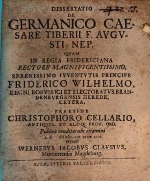 Dissertatio De Germanico Caesare Tiberii F. Avgvsti Nep.