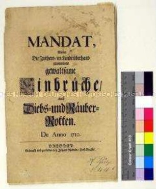 Mandat von Friedrich August I. Kurfürst von Sachsen gegen Diebes- und Räuberbanden