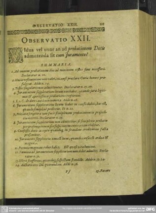 Observatio XXII. Vidua vel uxor an ad probationem Dotis admittenda sit cum Iuramento?