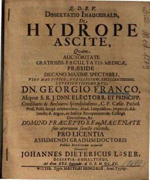 Dissertatio Inauguralis, De Hydrope Ascite