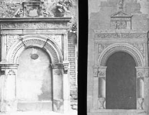 Halle (Saale), Sitznischenportal, Rannische Str. 9; grafische Rekonstruktion; seit 1999 wieder am ursprünglichen Platz, davor in Neuer Residenz und Moritzburg eingelagert