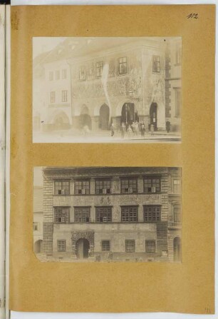 Wohn- und Geschäftshaus, Prachatitz. Stadthalle, Prachatitz: Ansichten (aus: Skizzen- und Fotoalbum 21)