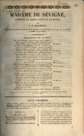 Madame de Sévigné : Comédie en trois actes et en prose