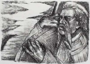 Siegenbruk, Hans Wolfgang: Fahrender Sänger und Bandolaspieler am Dnepr. Lithografie; 29 x 40 cm. 1977. Chemnitz: Kunstarchiv der Wismut AG 80103640-660, 80100200