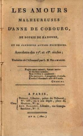 Les Amours malheureuses d'Anne de Cobourg ...