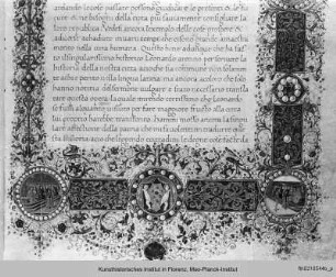 Leonardo Bruni: Historia Fiorentina : Buchseite mit Text, Bordüren, figürlichen Medaillons sowie historisierter Initiale M(olto)