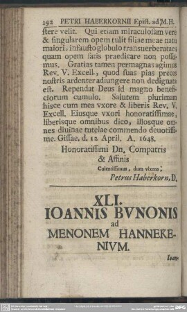 XLI. Ioannis Bunonis ad Menonem Hannekenium