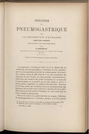 Influence Du Pneumogastrique Sur La Sécrétion Urinaire Chez Les Oiseaux