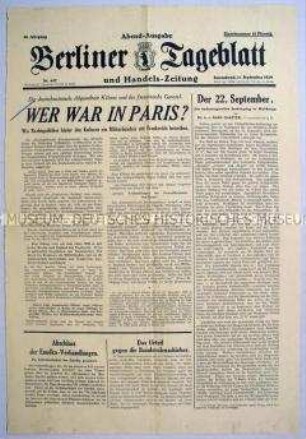 Titelseite "Berliner Tageblatt" u.a. zu Geheimverhandlungen deutscher Politiker in Frankreich und zum Jahrestag der Seeschlacht am Skagerrak