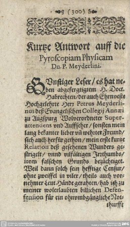 Kurtze Anwort auff die Pyroscopiam Physicam Dn. P. Meyderlini.