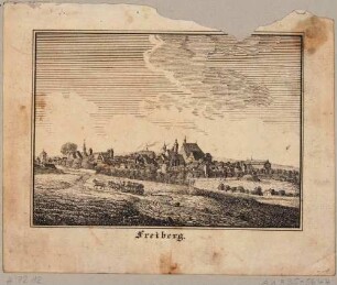 Stadtansicht von Freiberg in Sachsen von Norden, von links nach rechts Donatsturm, alte Jakobikirche, Nikolaikirche, Rathausturm, Stadtkirche St. Petri, Dom St. Marien und Schloss Freudenstein