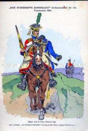 Uniformdarstellung, Gemeiner des 9. Husaren-Regiments, Kaisertum Frankreich, 1810.