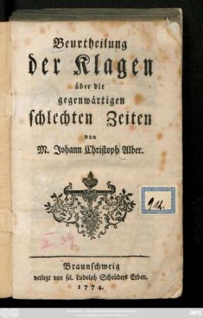 Beurtheilung der Klagen über die gegenwärtigen schlechten Zeiten