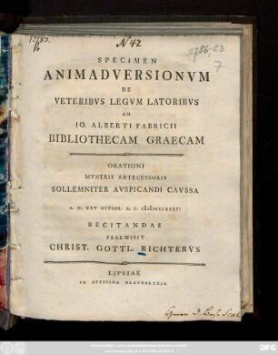 Specimen Animadversionvm De Veteribvs Legvm Latoribvs Ad Io. Alberti Fabricii Bibliothecam Graecam : Orationi Mvneris Antecessoris Sollemniter Avspicandi Cavssa