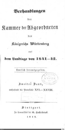 1,126: Landtag Württemberg - Kammer 2, Protokolle 1841-1842, Bd. 2