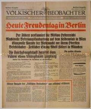 Tageszeitung "Völkischer Beobachter" zum "Anschluss" Österreichs und zur Rückkehr Hitlers aus Wien