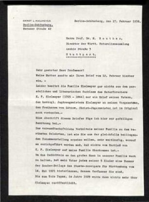 Schreiben Ernst Kielmeyer an Max Rauther