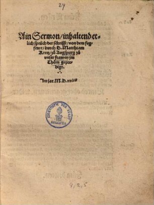 Ain Sermon, inhaltend etlich sprüch der schrifft, von dem fegfewr