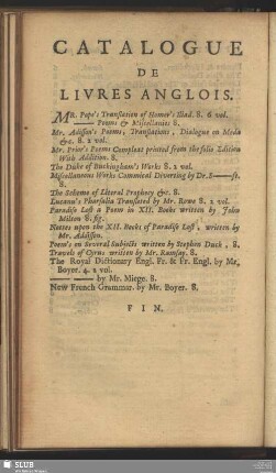 Catalogue De Livres Anglois
