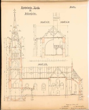 Katholische Kirche, Petersheide: Querschnitt, Längsschnitt 1:100