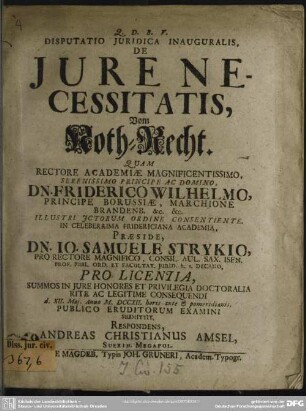 Disputatio Iuridica Inauguralis, De Iure Necessitatis, Vom Noth-Recht