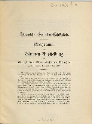 Programm der allgemeinen Blumen-Ausstellung im k. Glaspalaste zu München, 1887, Apr. - Mai