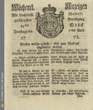 12tes Stueck, Dienstags den 7ten April 1772