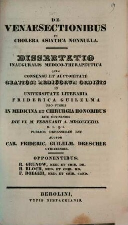 De venaesectionibus in cholera Asiatica nonnulla : dissertatio inauguralis medico-therapeutica