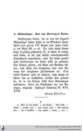 2. Minnesänger. Des von Beringen Lieder.