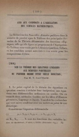 Sur la théorie des équations linéaires aux dérivées partielles du premier ordre d'une seule fonction.