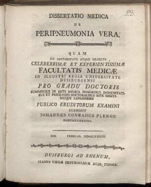 Dissertatio Medica De Peripneumonia Vera