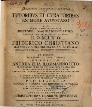Dissertatio inauguralis iuridica de tutoribus et curatoribus ex more Augustano