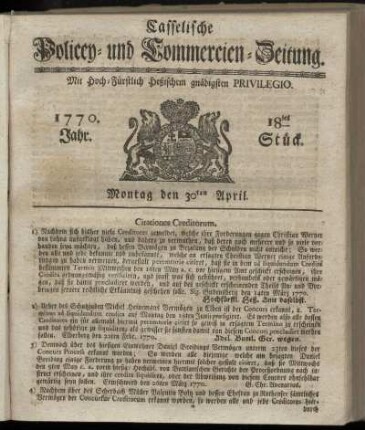 18tes Stueck, Montag den 30ten April. 1770