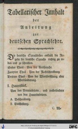 Tabellarischer Innhalt der Anleitung zur deutschen Sprachlehre.