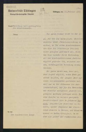 Evangelisch-theologishce Fakultät: Vorschlag betr. Lehrauftrag für Missionskunde (21.02. 1921)