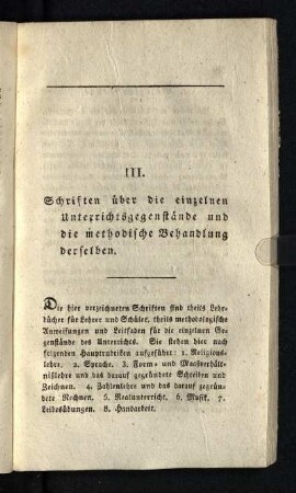 III. Schriften über die einzelnen Unterrichtsgegenstände und die methodische Behandlung derselben : [Bücherverzeichniß]