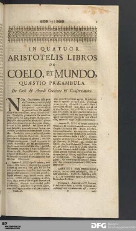 Quæstio Præambula. De Coeli & Mundi Creatore & Conservatore.