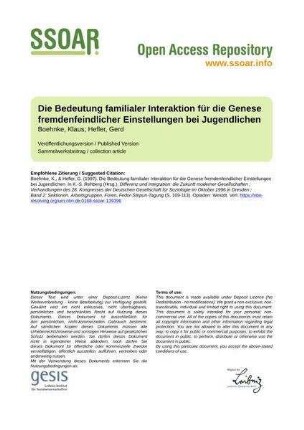 Die Bedeutung familialer Interaktion für die Genese fremdenfeindlicher Einstellungen bei Jugendlichen