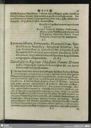 XV. Decretorum Caesareum, de seponendis privatis & maturandis publicis negotiis 19. Iulii 1681