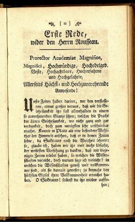 Erste Rede, wider den Herrn Rousseau.